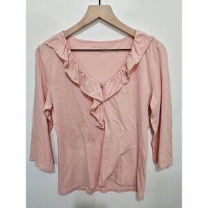 Garnet Hill Womens Pink 100% Pima Cotton Ruffle V-Neck 3/4 Sleeve Top Medium